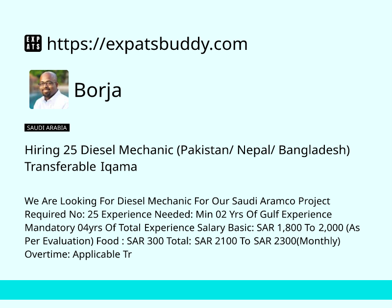 hiring-25-diesel-mechanic-pakistan-nepal-bangladesh-transferable-iqama