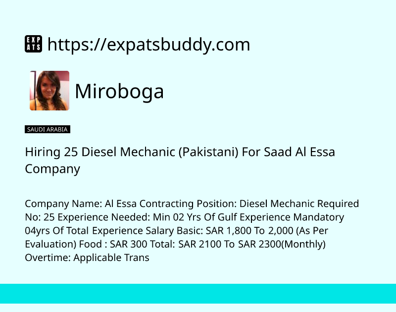 hiring-25-diesel-mechanic-pakistani-for-saad-al-essa-company